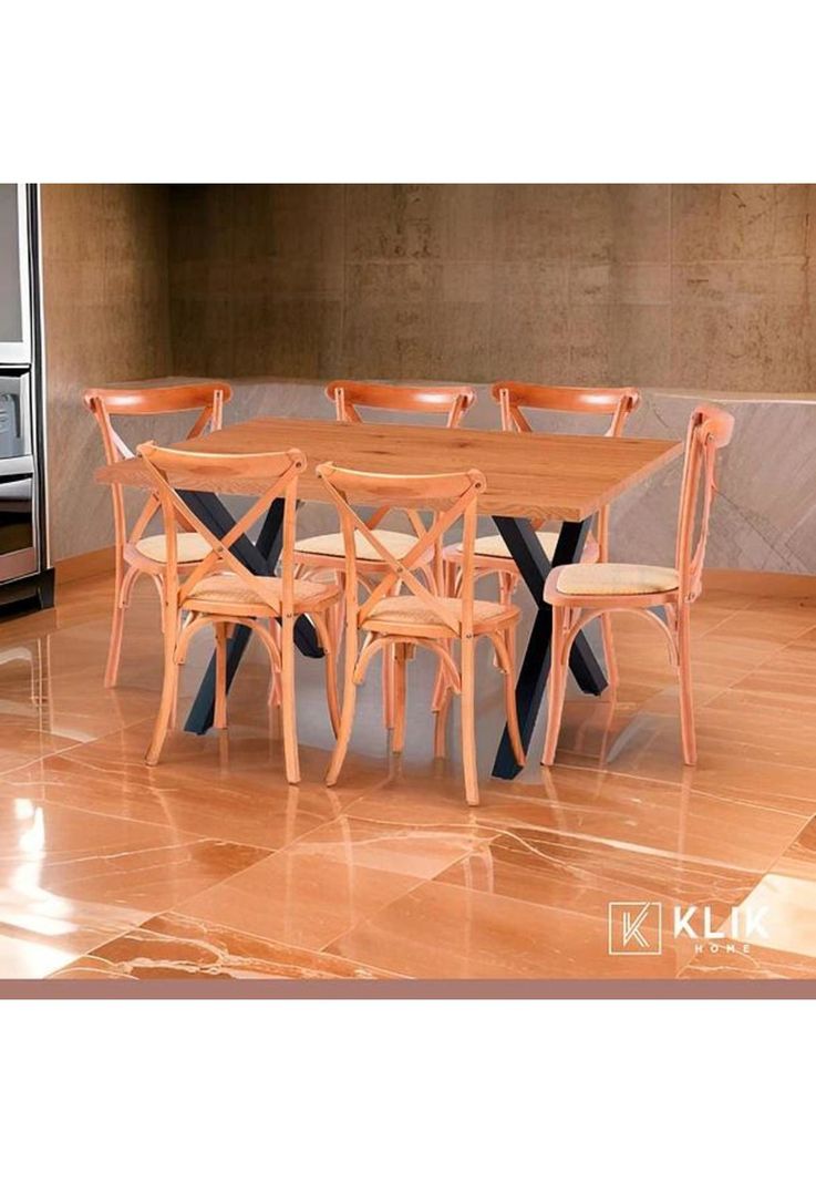 Comedor Mesa Color Madera y Metal Cross 140x90 + 6 Sillas Crossback Madera Rattan Natural-1