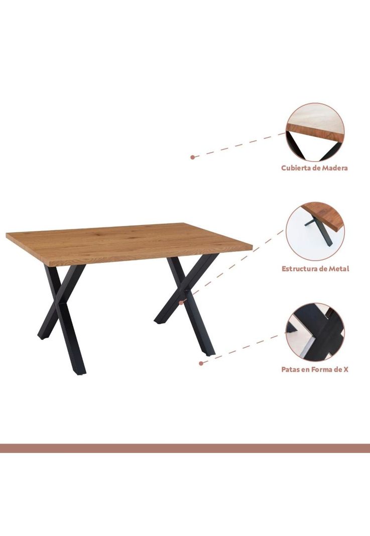 Comedor Mesa Color Madera y Metal Cross 140x90 + 6 Sillas Crossback Madera Rattan Natural-2