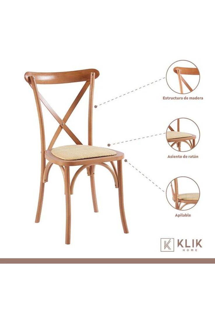 Comedor Mesa Color Madera y Metal Cross 140x90 + 6 Sillas Crossback Madera Rattan Natural-3