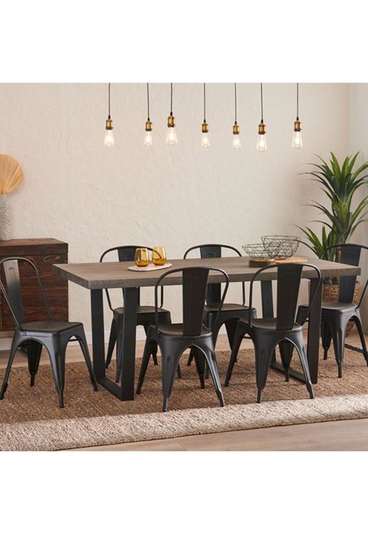 Comedor Industrial 160x90 Madera Oscura Walnut + 6 Sillas Tolix Negras-1