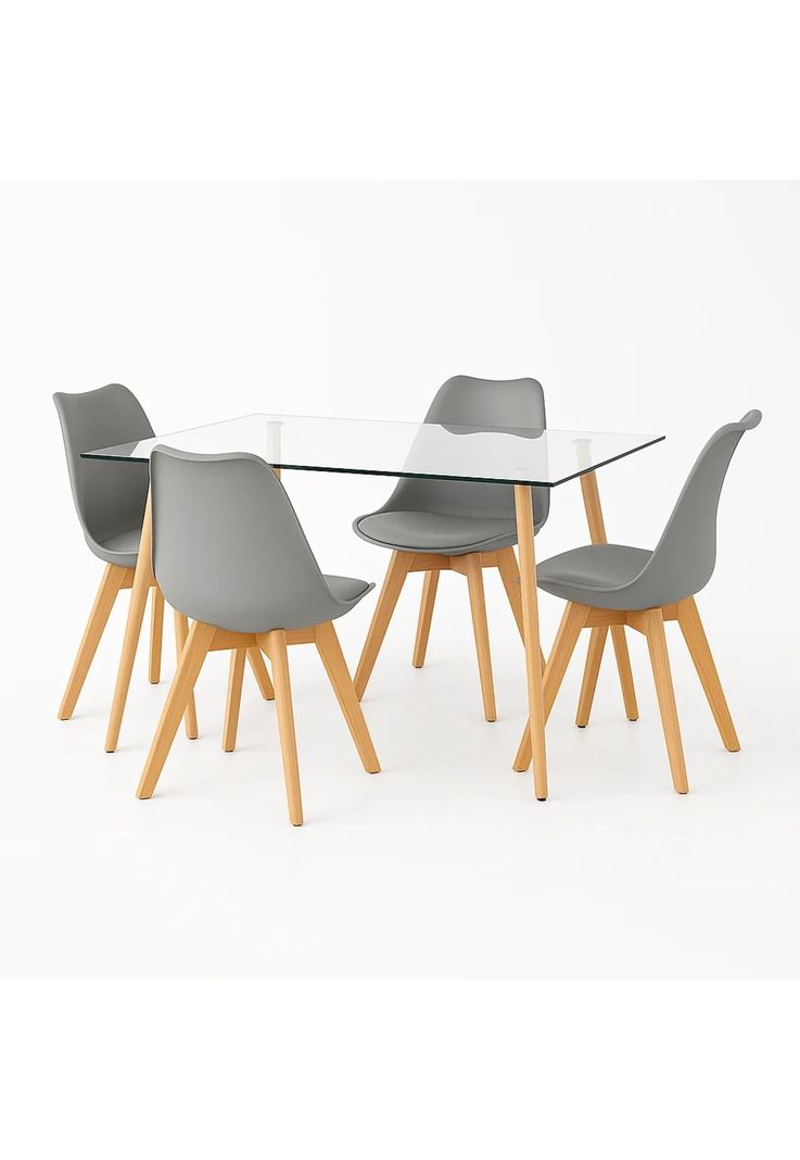 Comedor Mesa de Vidrio Nórdica 140x90 cm + 4 Sillas Tulip Grises-0