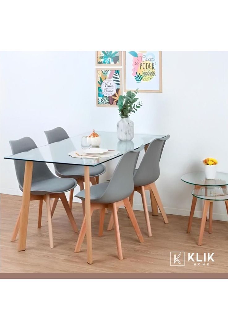 Comedor Mesa de Vidrio Nórdica 140x90 cm + 4 Sillas Tulip Grises-1