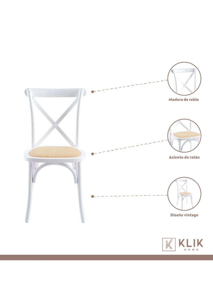 Pack de 4 Sillas Crossback Madera Rattan - Blancas-3