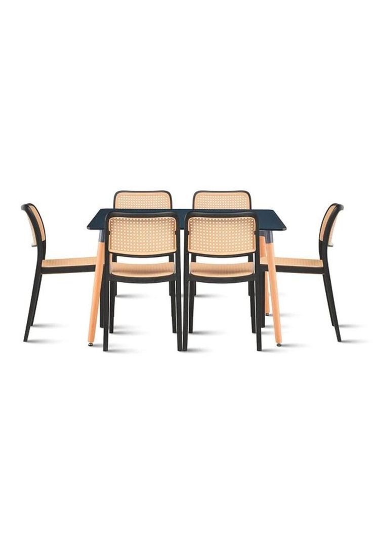 Comedor Mesa 120x80 Rectangular Negra + 6 Sillas de Comedor Enrejada-0