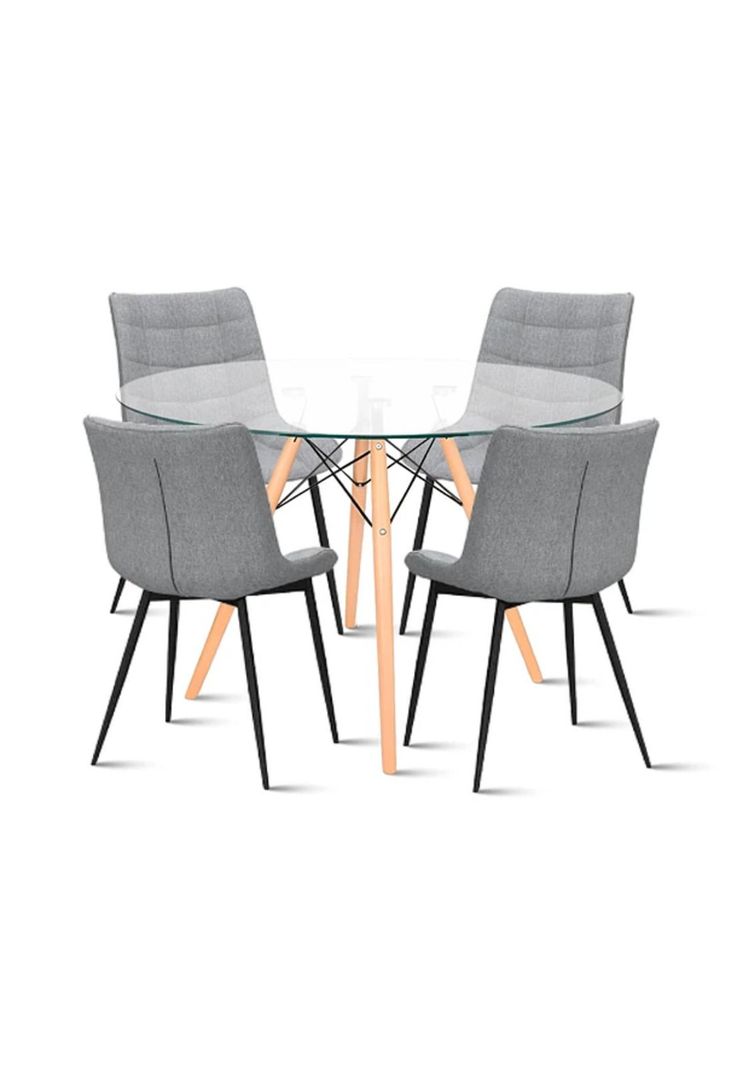 Comedor Mesa Eames 80cm redonda vidrio + 4 Silla Macron Terciopelo - Gris