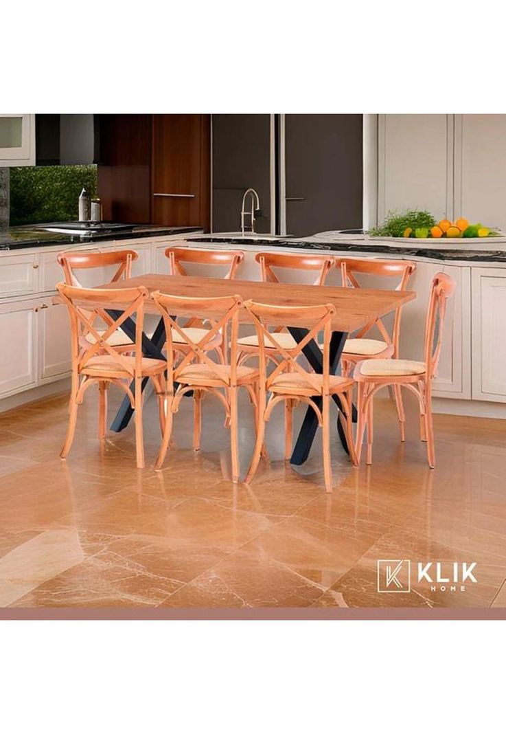 Comedor Mesa Color Madera y Metal Cross 180x90 + 8 Silla Crossback Madera Rattan Natural-1