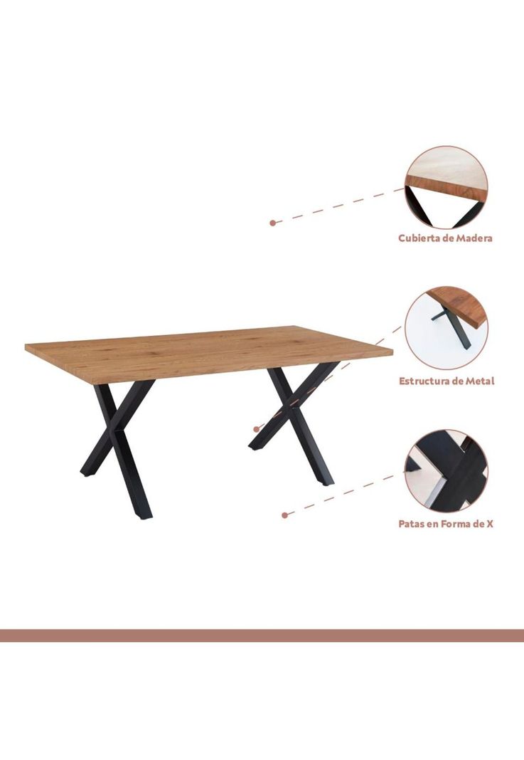 Comedor Mesa Color Madera y Metal Cross 180x90 + 8 Silla Crossback Madera Rattan Natural-2