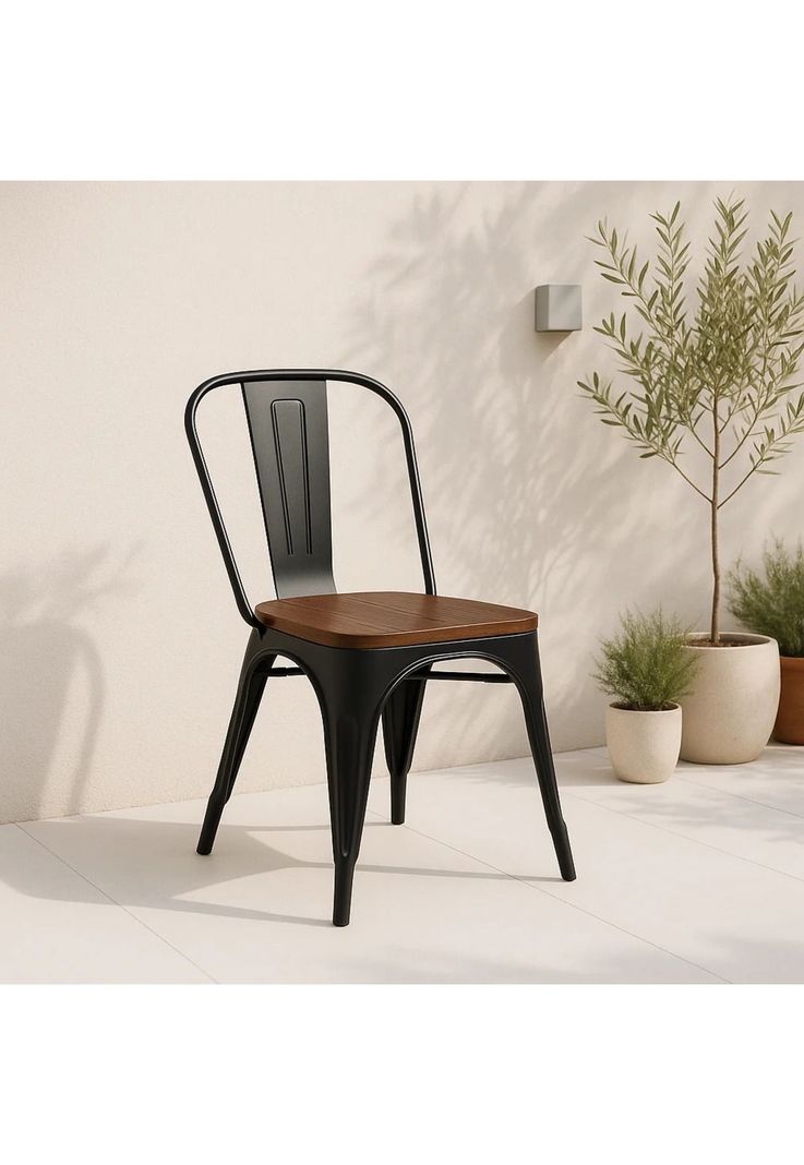 Silla Tolix de Comedor o Terraza Exterior con asiento de Madera Oscura Walnut - Negra-1