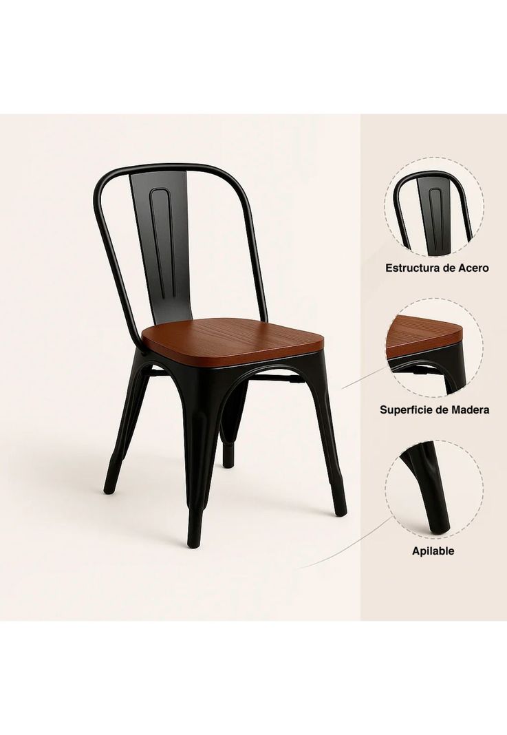 Silla Tolix de Comedor o Terraza Exterior con asiento de Madera Oscura Walnut - Negra-4