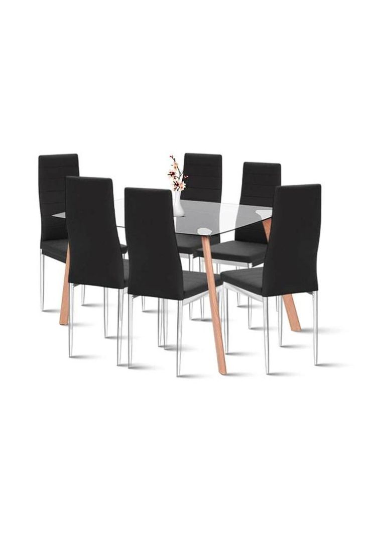 Comedor Mesa de Vidrio Rectangular 140x90cm + 6 Sillas Dining Liana Acolchadas - Negras-0