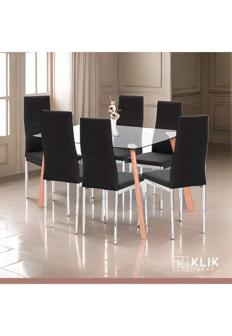 Comedor Mesa de Vidrio Rectangular 140x90cm + 6 Sillas Dining Liana Acolchadas - Negras-1