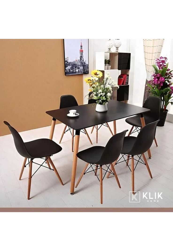 Comedor Mesa Rectangular Negra + 6 Sillas Eames Negras-1
