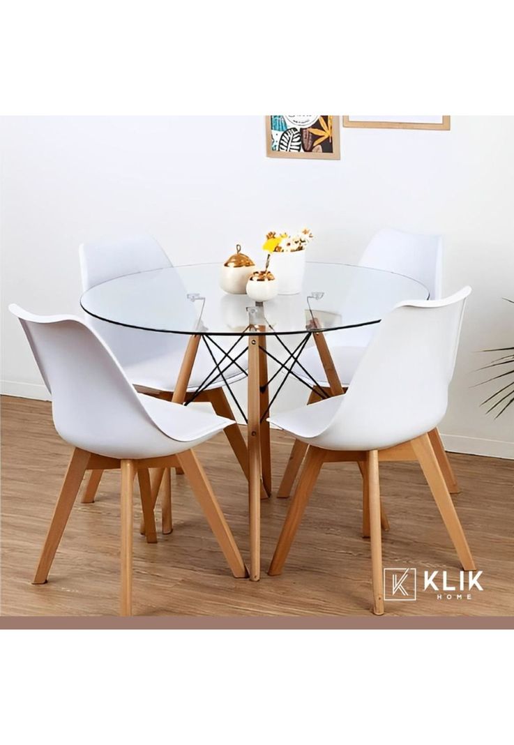 Comedor Mesa Eames Vidrio 100 cm + 4 Sillas Tulip Blancas-1