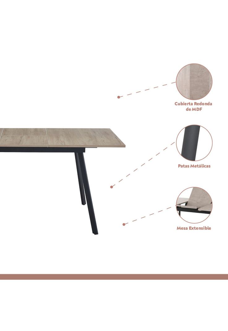 Mesa extensible 120 a 160 cm, ancho 80cm - Madera Clara -2