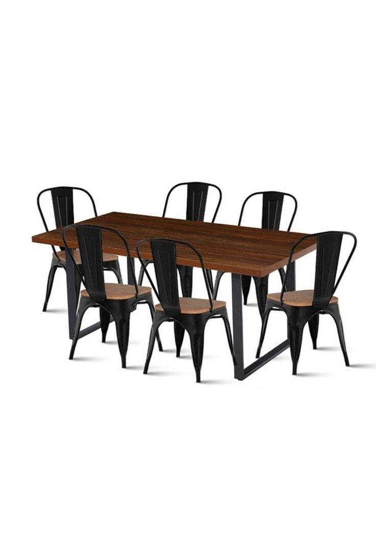 Comedor Industrial 160x90 Oscura + 6 Sillas Tolix Negras con Asiento de Madera Oscura Walnut-0