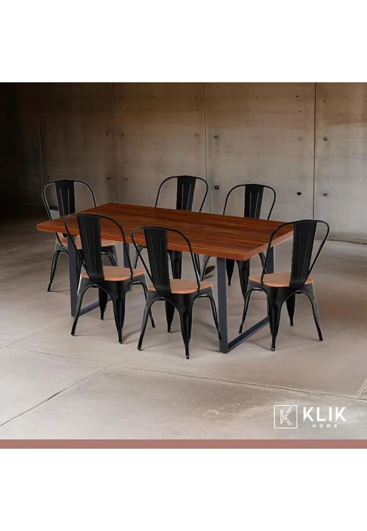 Comedor Industrial 160x90 Oscura + 6 Sillas Tolix Negras con Asiento de Madera Oscura Walnut-1