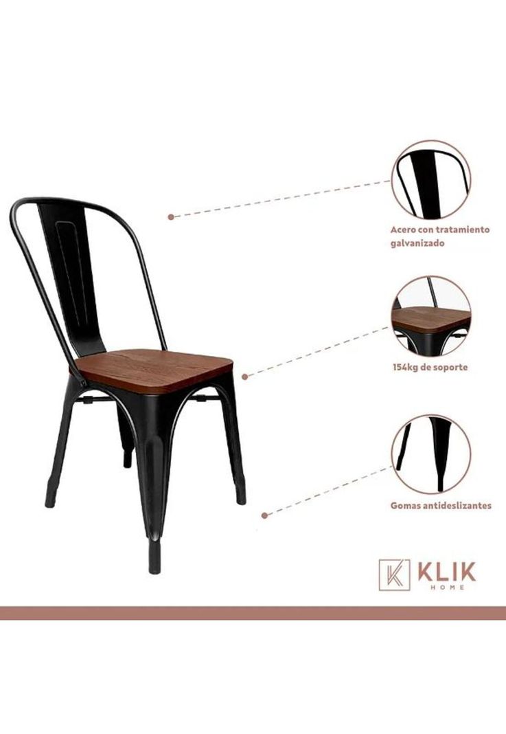 Comedor Industrial 160x90 Oscura + 6 Sillas Tolix Negras con Asiento de Madera Oscura Walnut-3