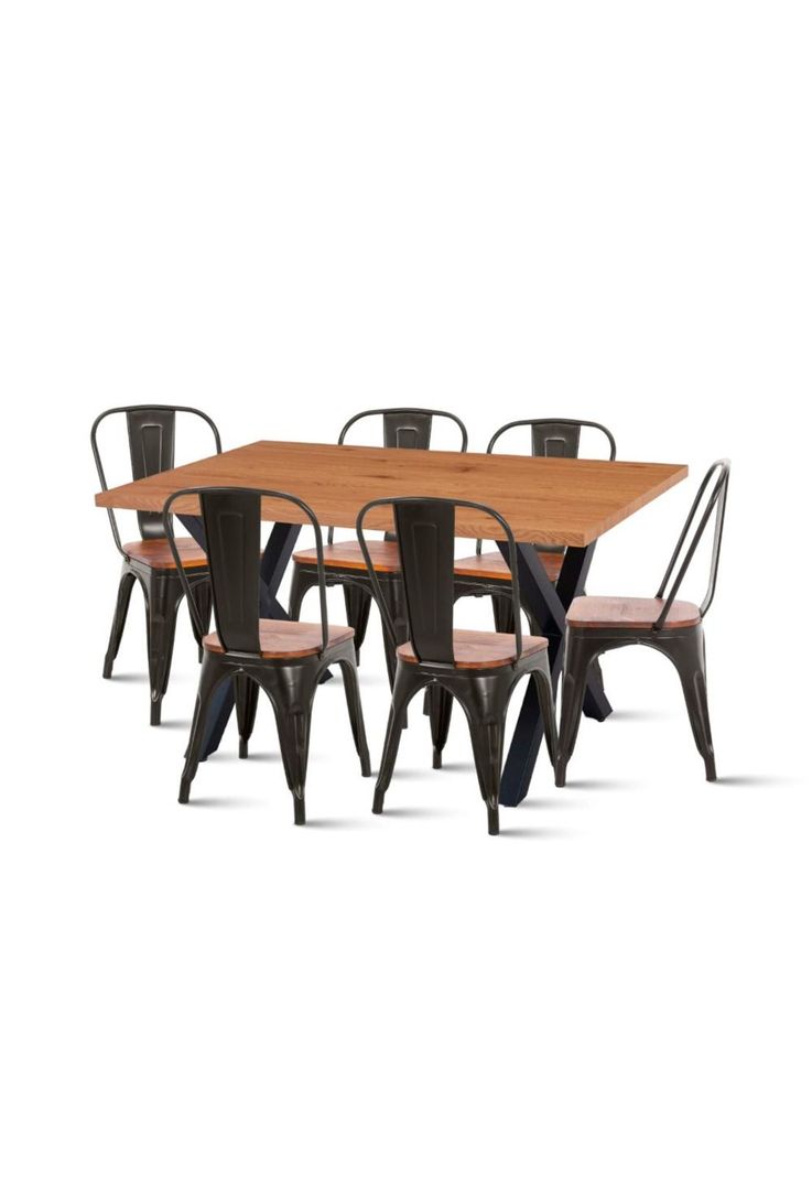 Comedor Color Madera y Metal Cross 140x90 + 6 sillas Tolix con asiento de madera Oscura - Negras-0