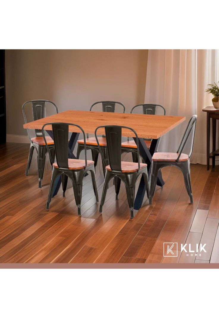 Comedor Color Madera y Metal Cross 140x90 + 6 sillas Tolix con asiento de madera Oscura - Negras-1