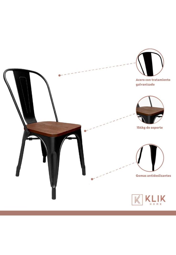 Comedor Color Madera y Metal Cross 140x90 + 6 sillas Tolix con asiento de madera Oscura - Negras-3
