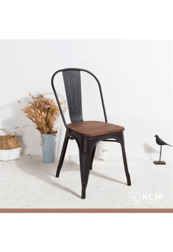 Comedor Color Madera y Metal Cross 140x90 + 6 sillas Tolix con asiento de madera Oscura - Negras-7