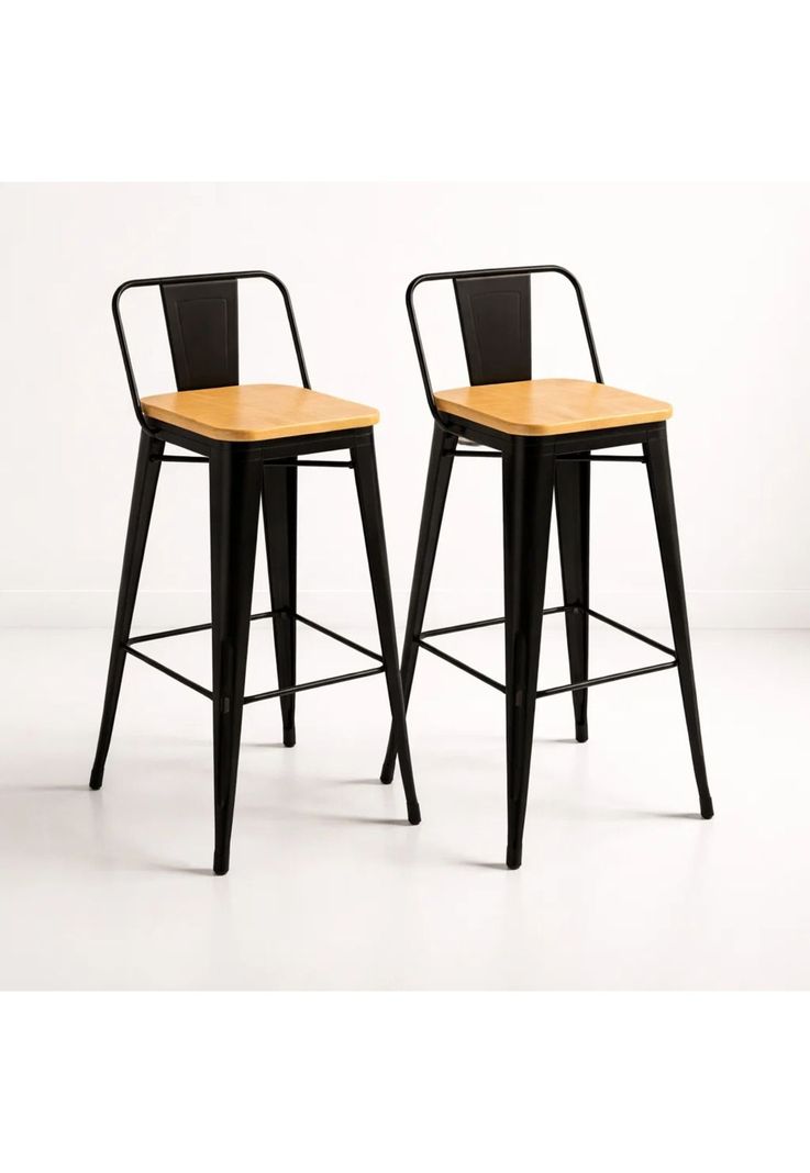 Pack de 2 Taburetes Tolix Con Asiento De Madera Clara - Negros