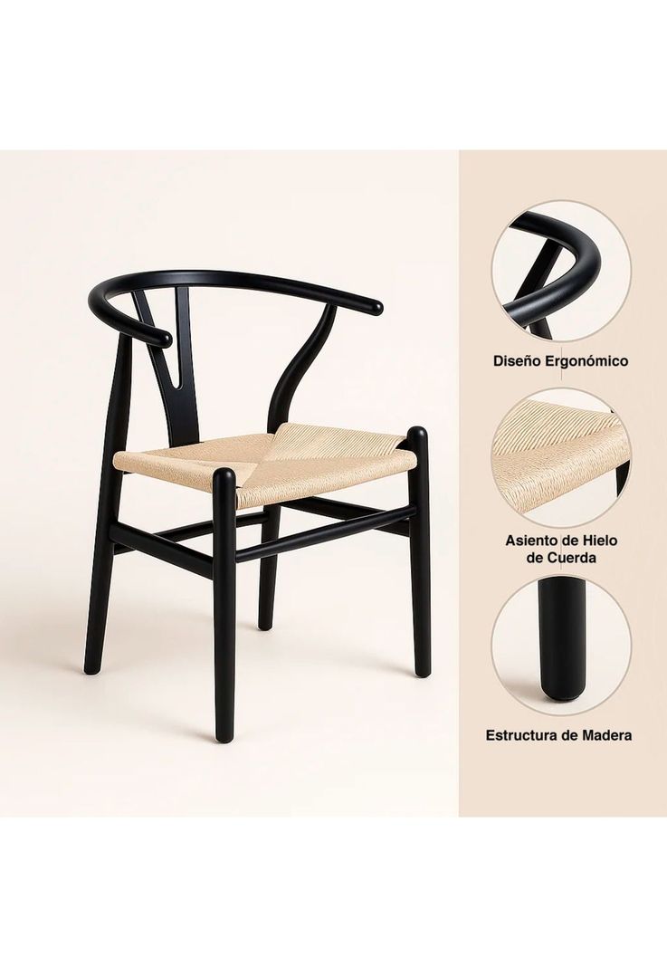 Silla Wishbone Madera Negra y Asiento Claro-4