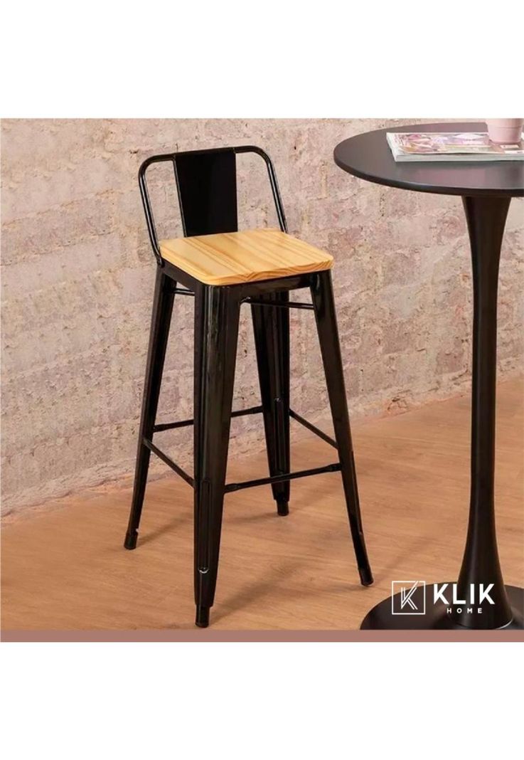 Taburete Tolix Negro Alto con Respaldo para bar o terraza - Asiento de madera Clara-1