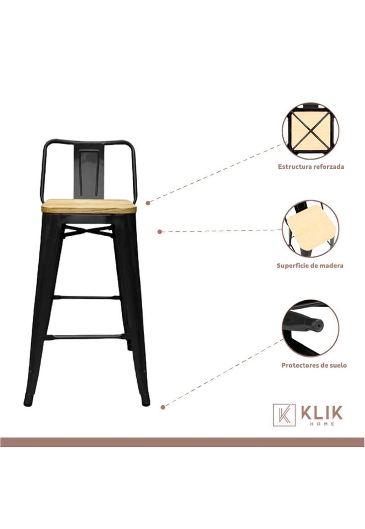 Taburete Tolix Negro Alto con Respaldo para bar o terraza - Asiento de madera Clara-2