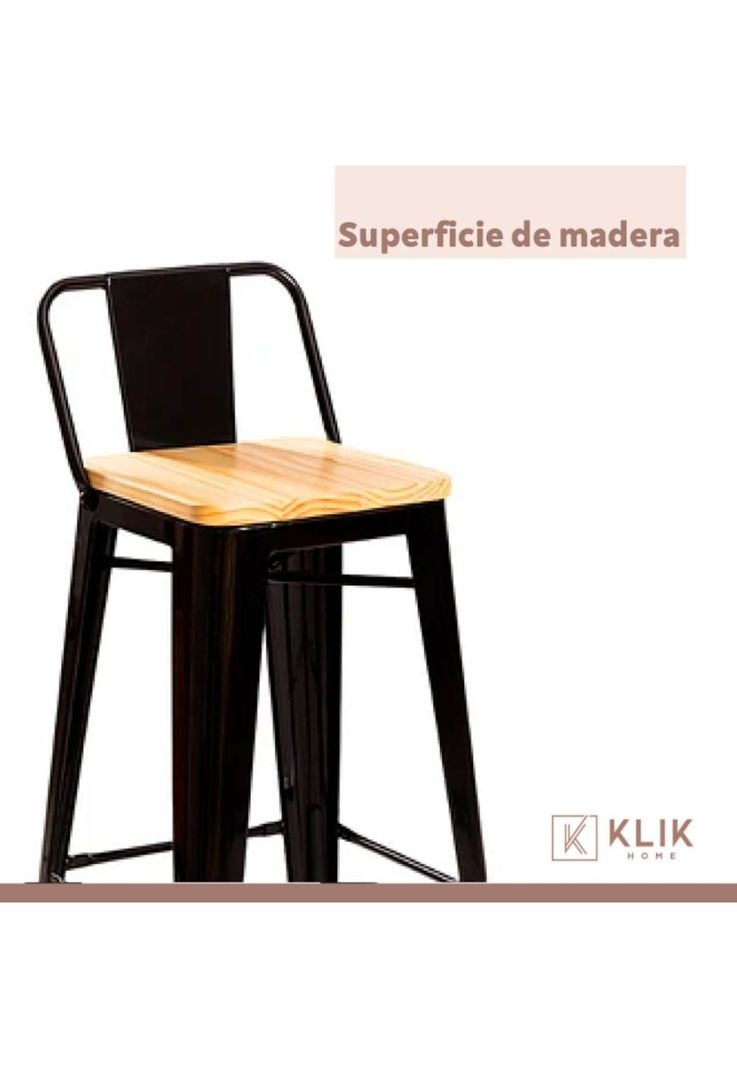 Taburete Tolix Negro Alto con Respaldo para bar o terraza - Asiento de madera Clara-5
