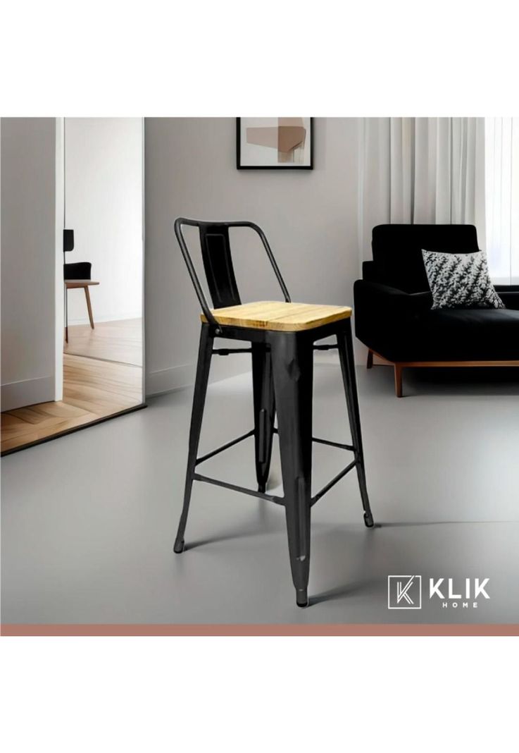 Taburete Tolix Negro Alto con Respaldo para bar o terraza - Asiento de madera Clara-7