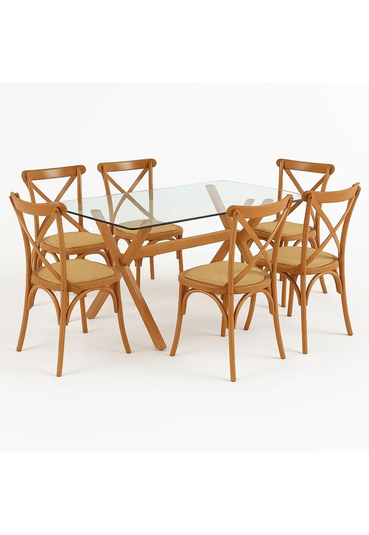 Comedor mesa de vidrio cross 140x90 + 6 sillas Crossback Madera-0