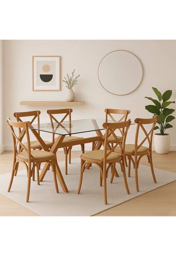 Comedor mesa de vidrio cross 140x90 + 6 sillas Crossback Madera-1