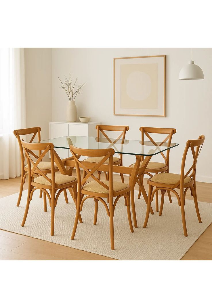 Comedor mesa de vidrio cross 140x90 + 6 sillas Crossback Madera-7