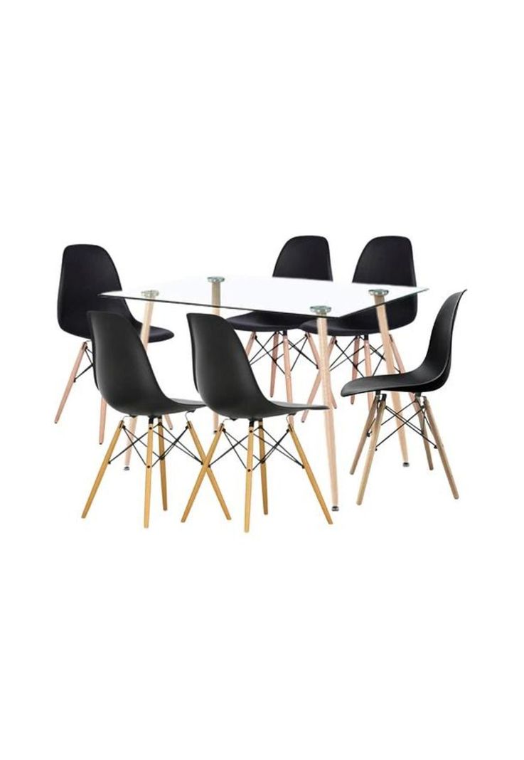 Comedor Mesa de Vidrio Rectangular 120x80 + 6 Sillas Eames Negras-0