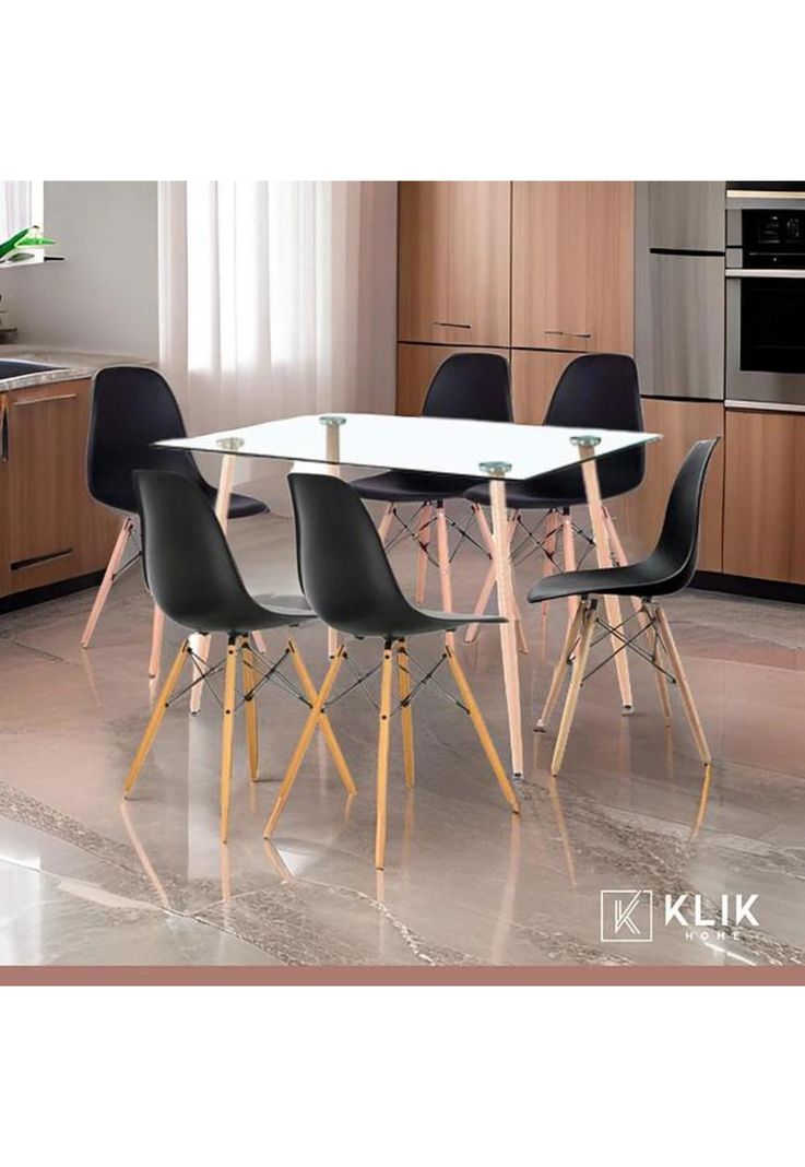 Comedor Mesa de Vidrio Rectangular 120x80 + 6 Sillas Eames Negras-1