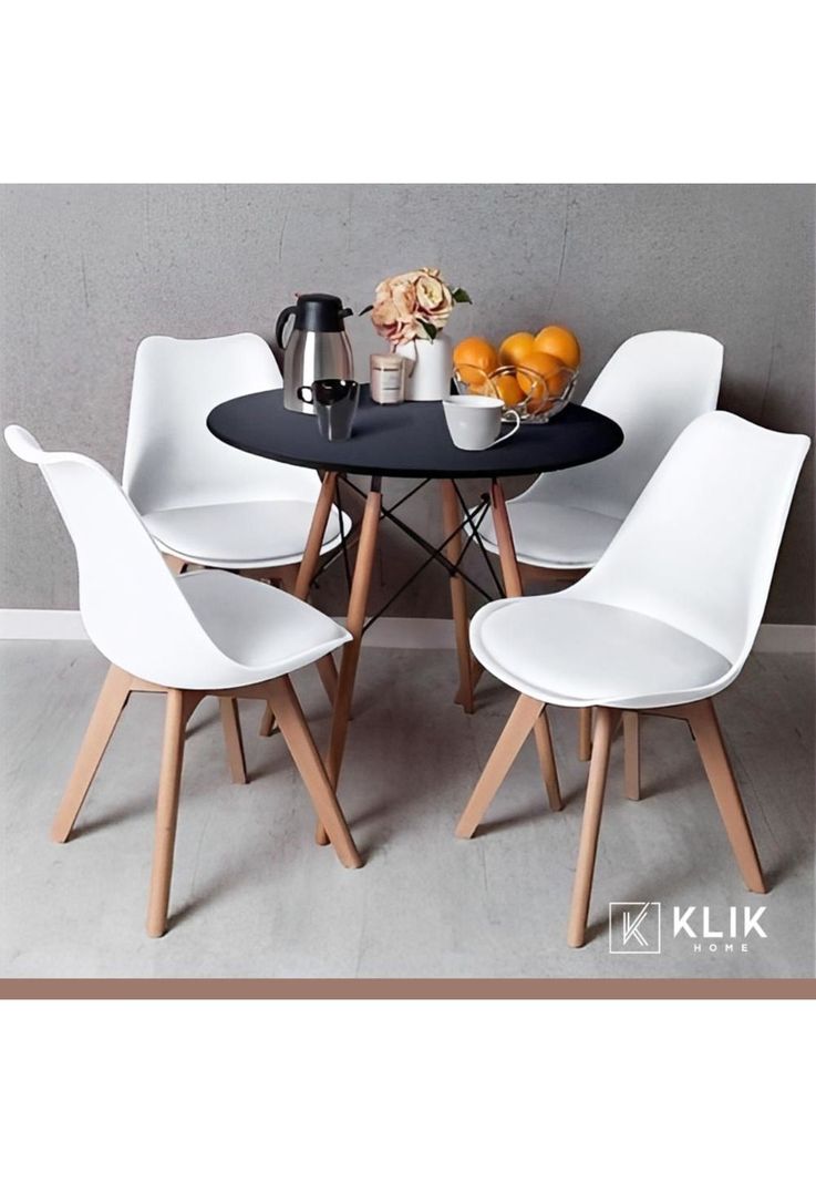 Comedor Mesa Eames Negra Redonda 80cm + 4 Sillas Tulip Blancas-1