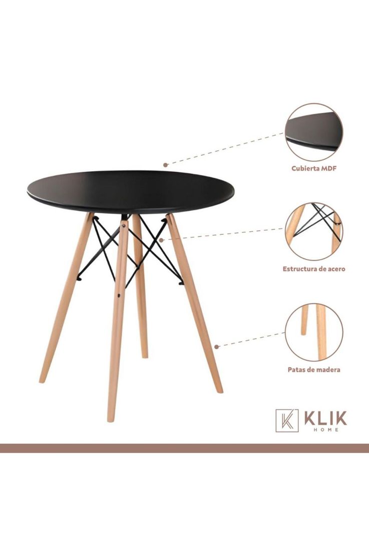 Comedor Mesa Eames Negra Redonda 80cm + 4 Sillas Tulip Blancas-2