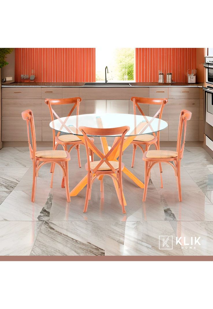 Comedor redonda de vidrio Cross 120cm + 5 Sillas Crossback Madera-1