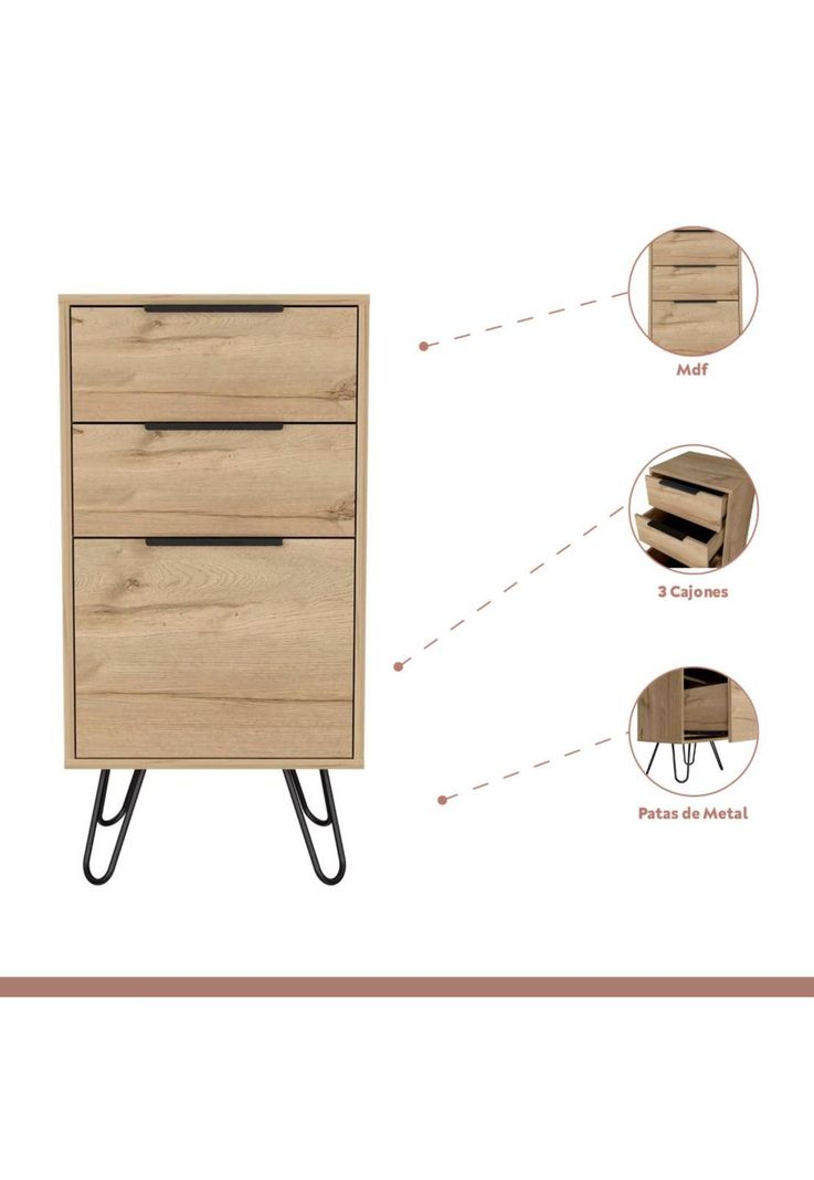 Cómoda 3 cajones metal y madera MDF-2