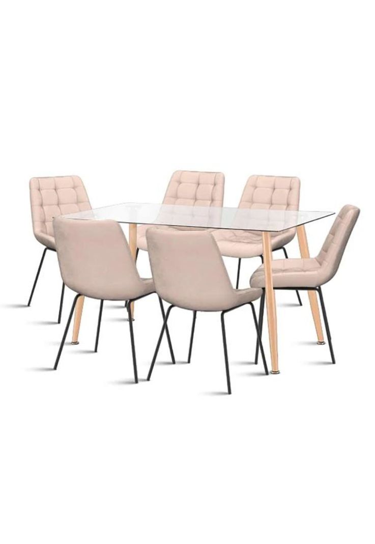 Comedor Mesa Vidrio Rectangular 120x80 + 6 Silla Macron Terciopelo - Beige-0