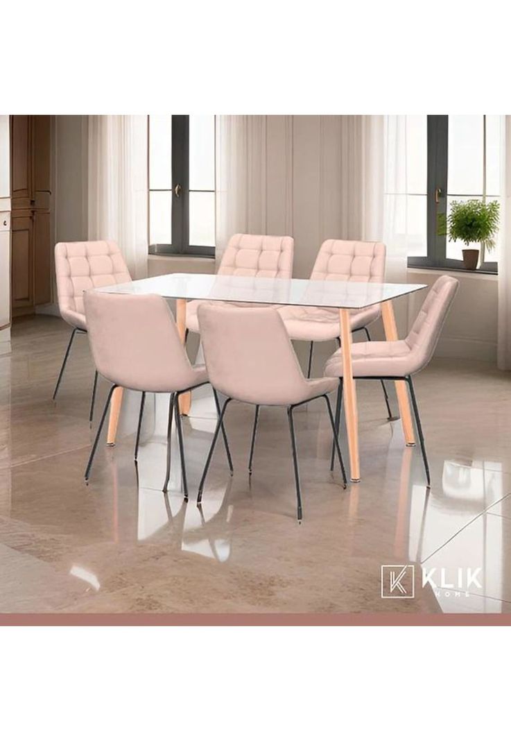 Comedor Mesa Vidrio Rectangular 120x80 + 6 Silla Macron Terciopelo - Beige-1