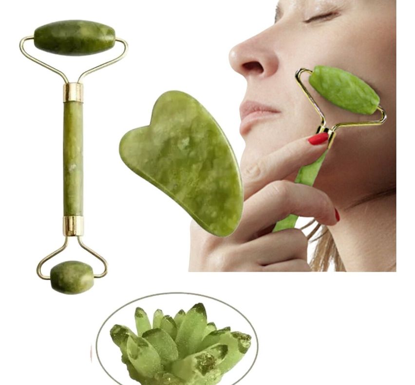 Set Rodillo Gua Sha Piedra Jade Masajeador Facial Linfático - Norplat-0
