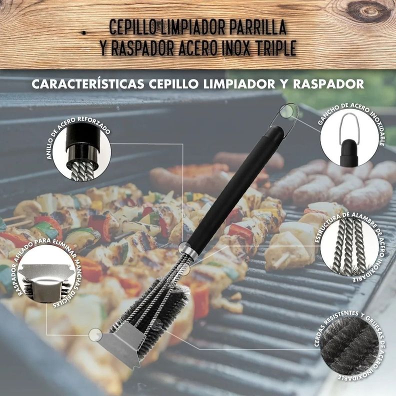 Escobilla Cepillo Limpieza Para Parrillas 3 En 1 - Con Mango - Norplat-5