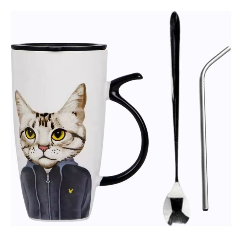 Taza Tazón Grande Gato 650ml Tapa Cuchara Bombilla - Norplat-0