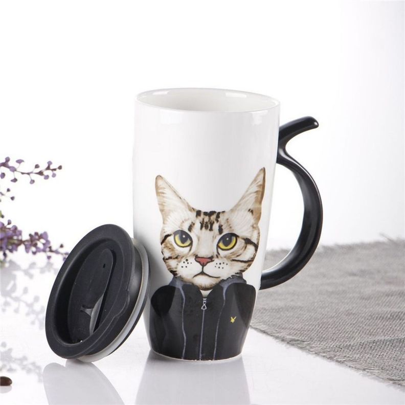 Taza Tazón Grande Gato 650ml Tapa Cuchara Bombilla - Norplat-2