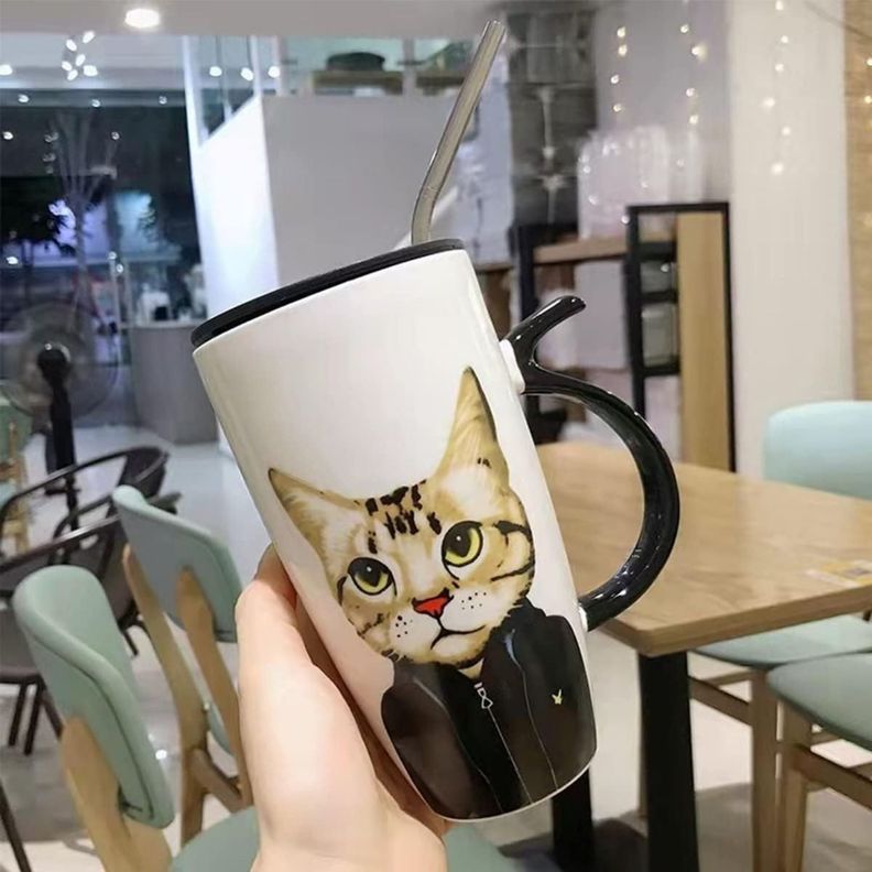 Taza Tazón Grande Gato 650ml Tapa Cuchara Bombilla - Norplat-4