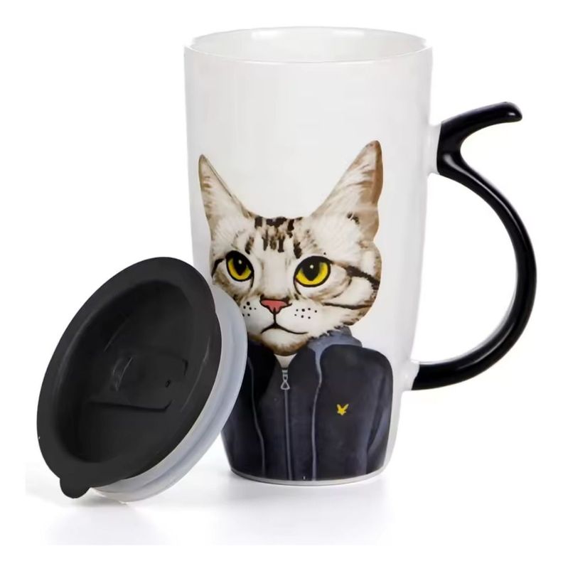 Taza Tazón Grande Gato 650ml Tapa Cuchara Bombilla - Norplat-5