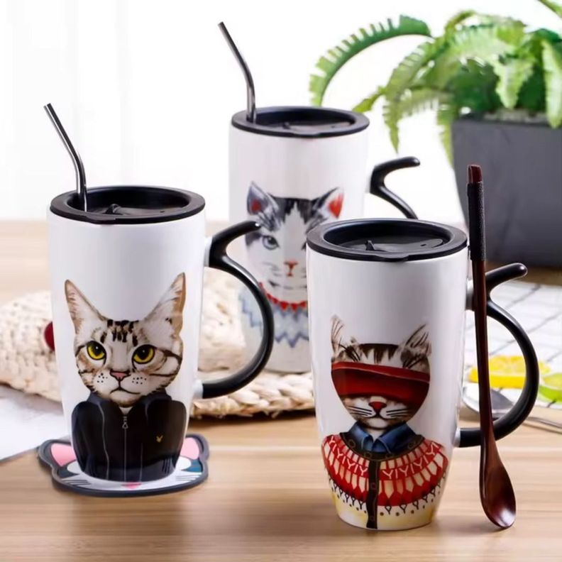Taza Tazón Grande Gato 650ml Tapa Cuchara Bombilla - Norplat-7