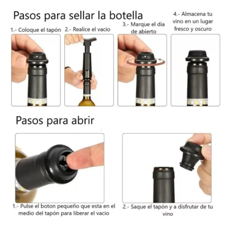Vino Botella Bomba De Vacio 4 Tapones Extractor Aire - Norplat-2